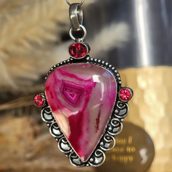 Bold Sterling Silver Pink Agate Pendant with Faceted Ruby Accents - Picture 5 of 10